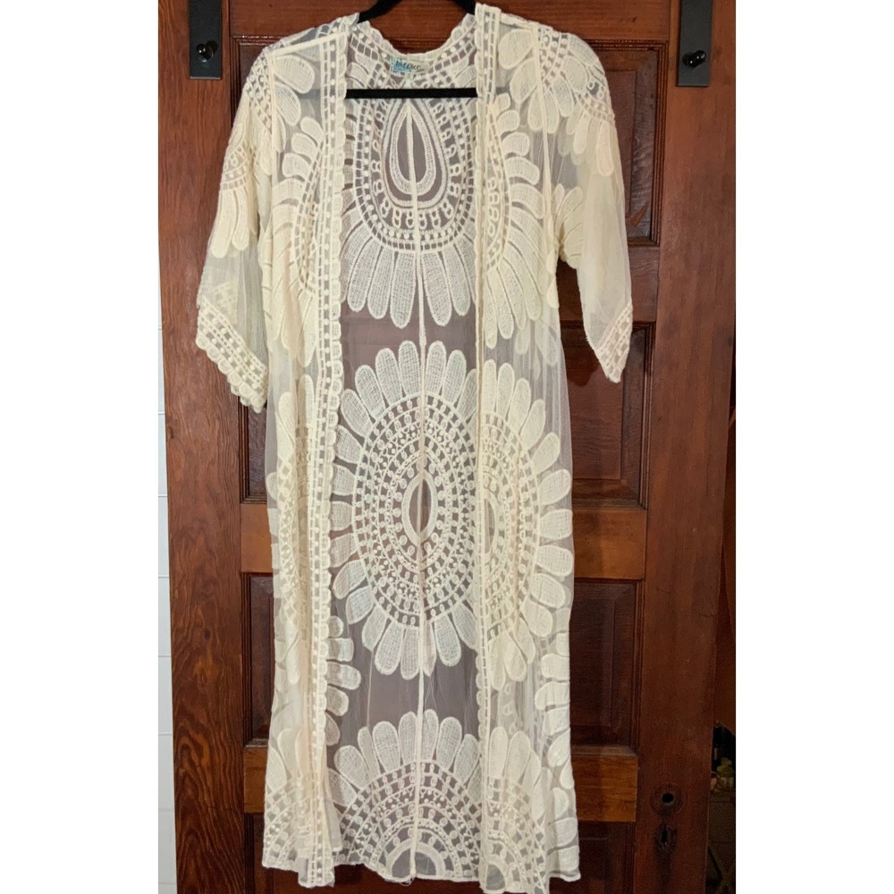 Rebellion Again Ivory Lace Mesh Floral Medallion Duster Cardigan Small
